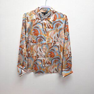 Boston Proper Size 12 Folk Favorite Print Sophia Button-Up Charmeuse Blouse 4078